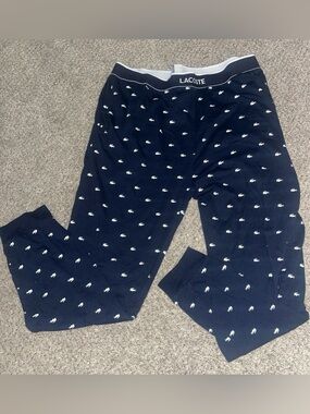 Lacoste Pajama Sleep Pants Sleepwear Navy Blue Crocodile Logo All Over Print XL